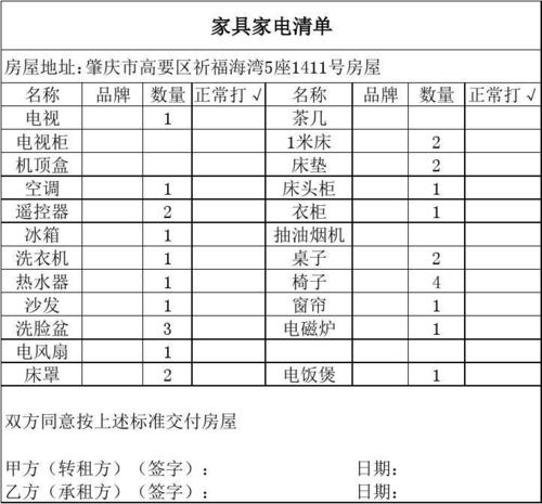 家具清单模板-租房家具清单模板